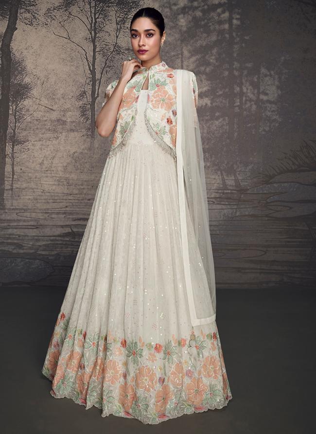 Georgette  White Party Wear Embroidery Work Readymade Gown With Dupatta